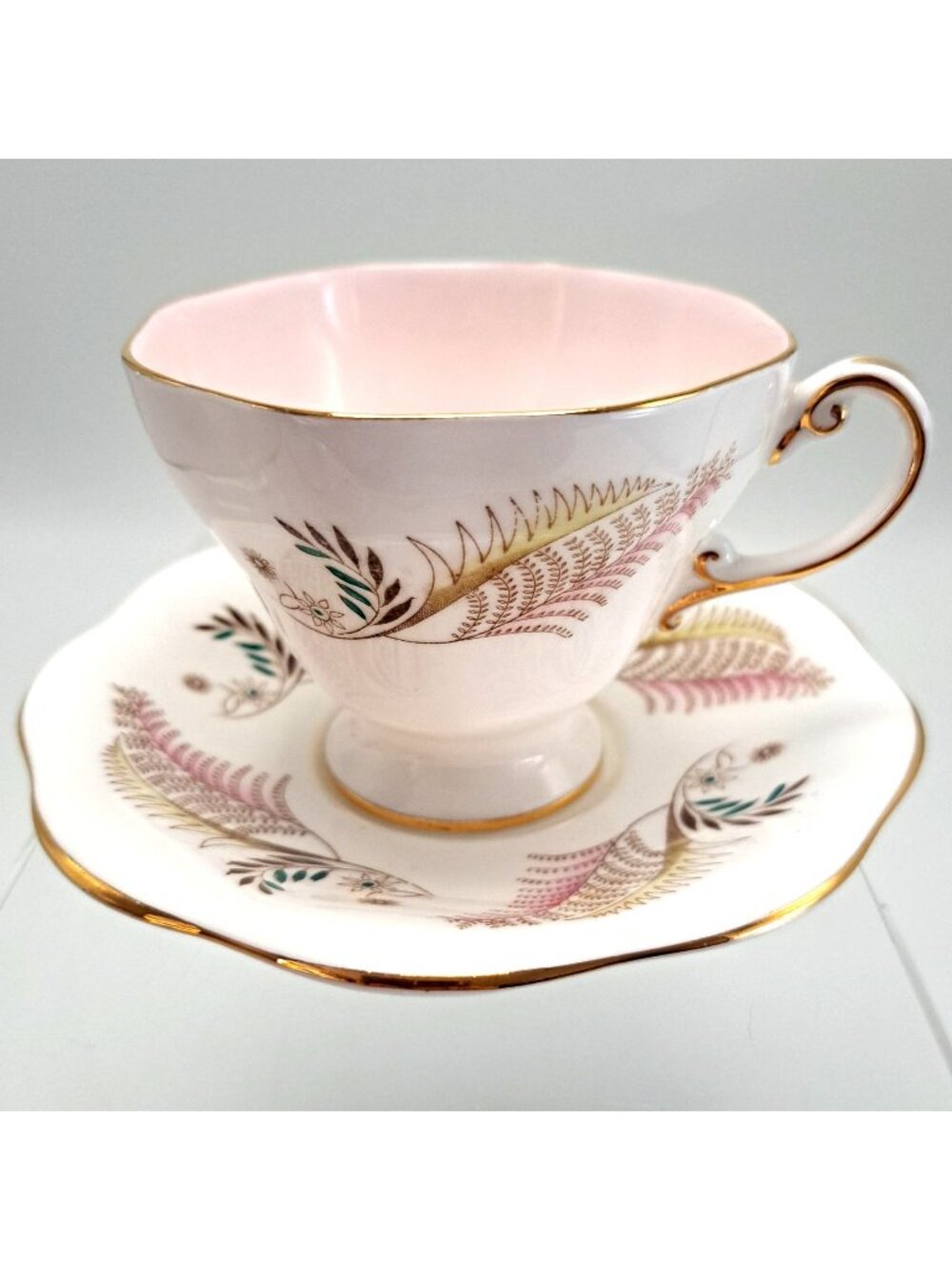 Allegro Vintage Pink Bone China Teacup & Saucer Set Gold Trim England